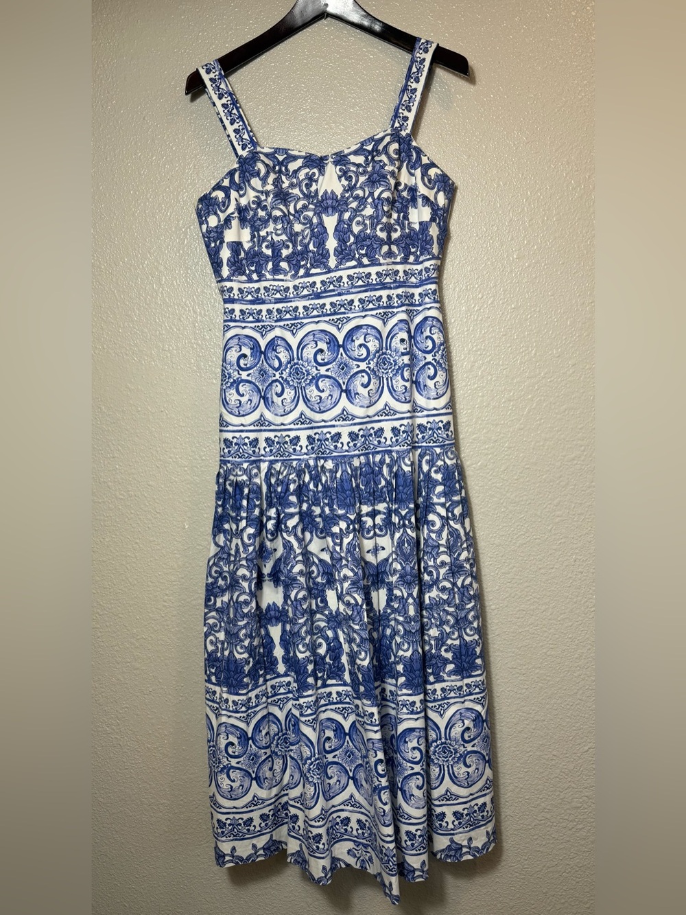 Antonio Melani Blue White Mediterranean Tile Print Midi Dress Square Neck Size 6